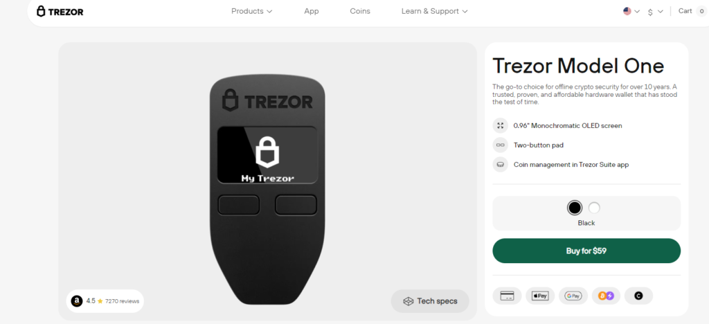 Trezor Model One website screenshot