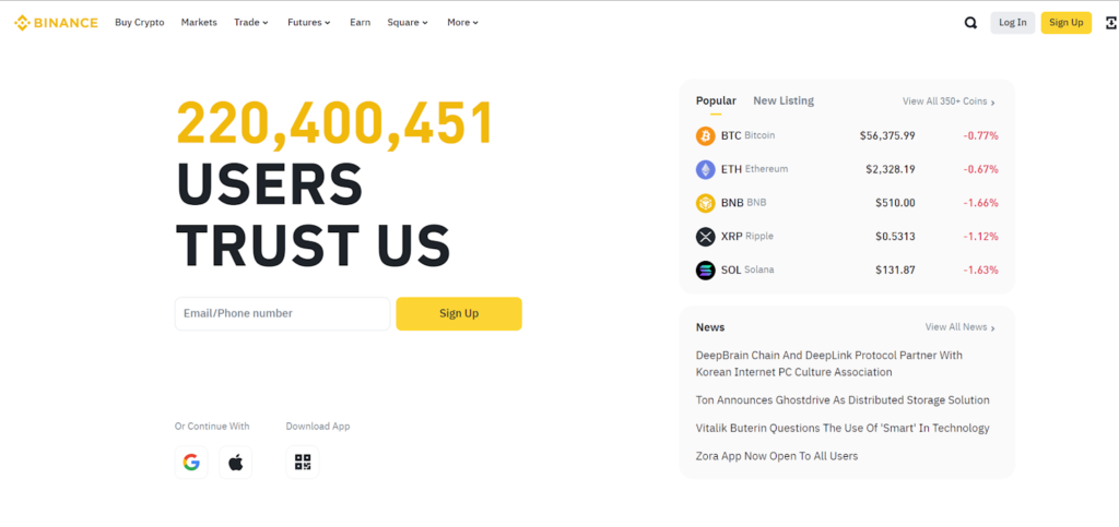 Binance website screenshot